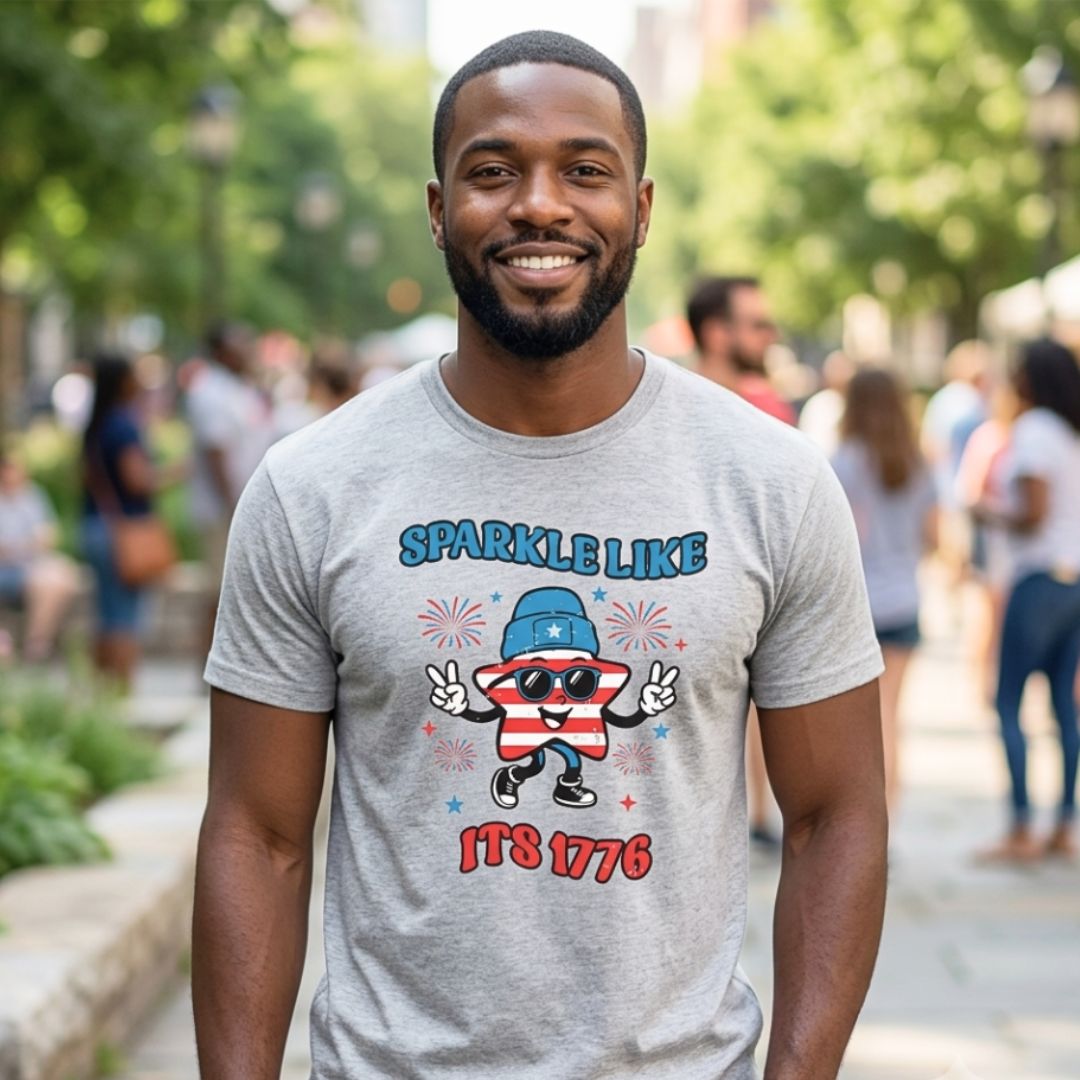 "SPARKLE LIKE ITS 1776" American Blue and Red Star Fireworks T-shirt