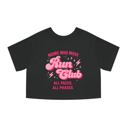 "Moms Who Move" Run Club All Paces All Phases Pink Cropped Tee