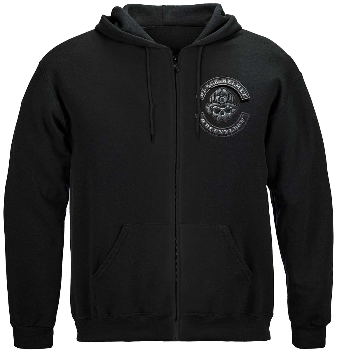Black Helmet Skull Leather Patch Zip Hoodie - front view