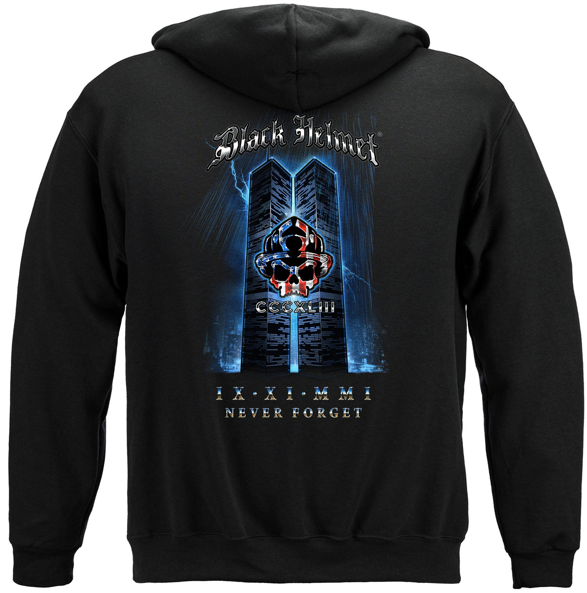 Black Helmet WTC Never Forget Zip Hoodie - back view