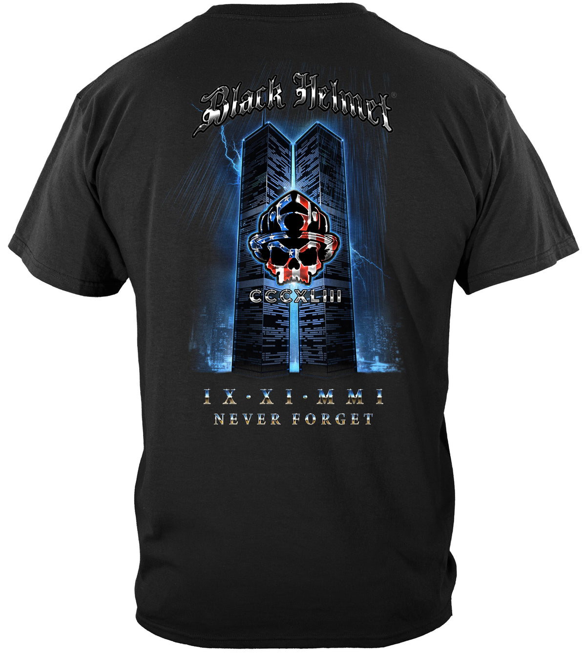 Black Helmet WTC Never Forget T-Shirt - back view