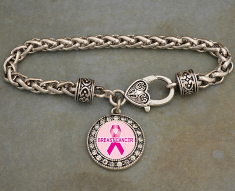 Cure for Cancer Crystal Pink Ribbon Braided Bracelet
