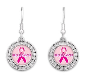 Breast Cancer Pink Ribbon Crystal Earrings