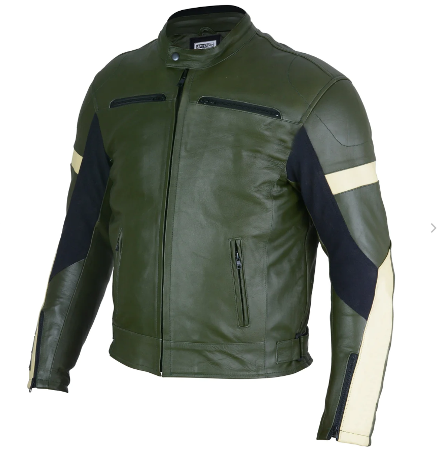 Dark Green Leather Motorcycle Jacket - Protective Armor Leather Biker Jacket