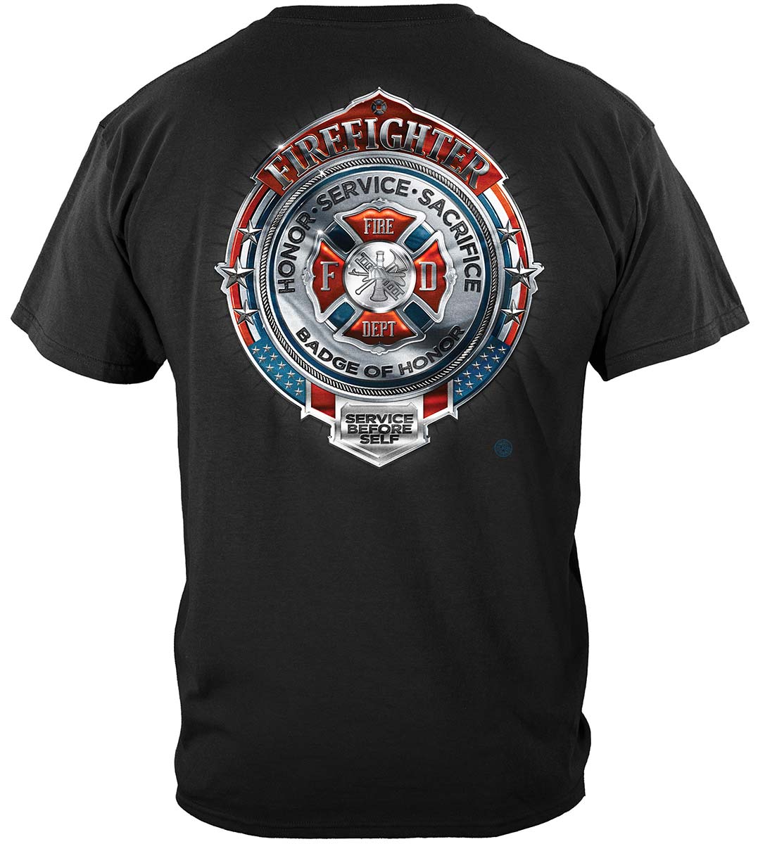 Fire Honor Service Sacrifice Chrome Badge T-Shirt - back view
