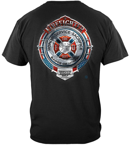 Fire Honor Service Sacrifice Chrome Badge T-Shirt - back view