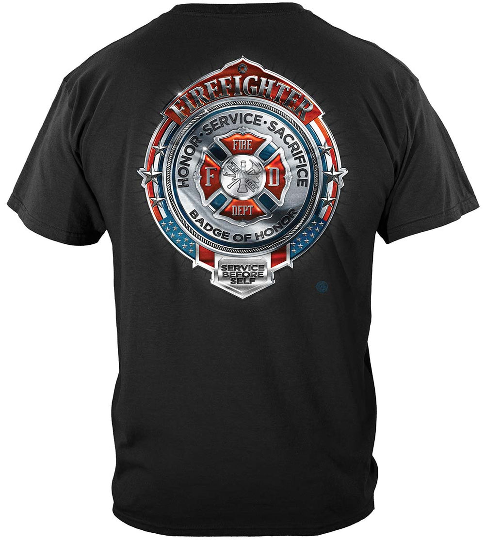Fire Honor Service Sacrifice Chrome Badge T-Shirt - back view