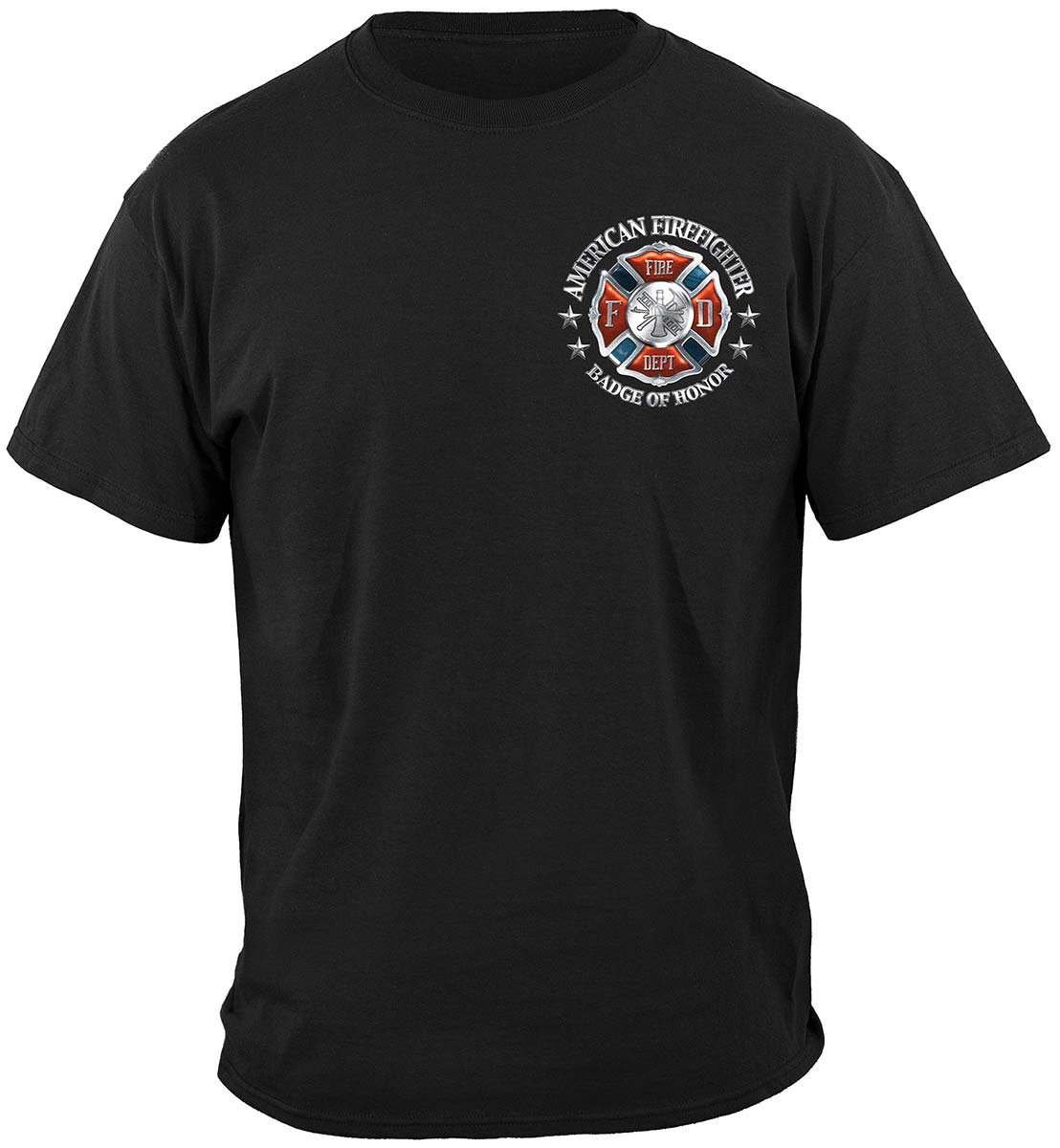 Fire Honor Service Sacrifice Chrome Badge T-Shirt - front view