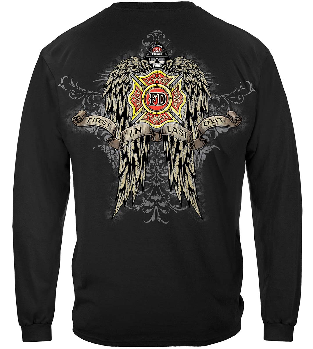 Firefighter Skull Wings Long Sleeve Shirt - back view