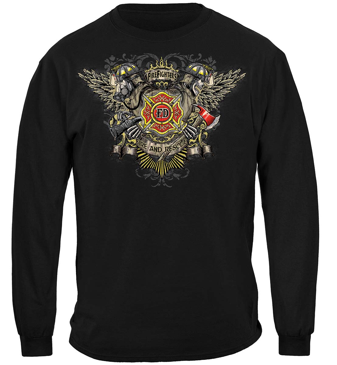 Firefighter Skull Wings Long Sleeve Shirt - front view