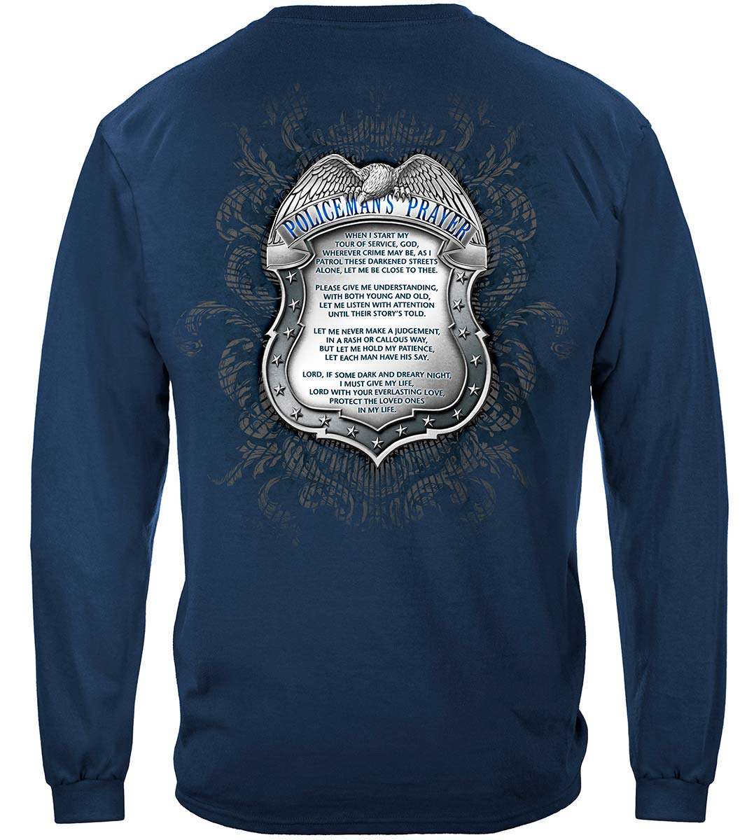 Policeman's Chrome Badge with Policeman's Prayer Long Sleeve Shirt - back view