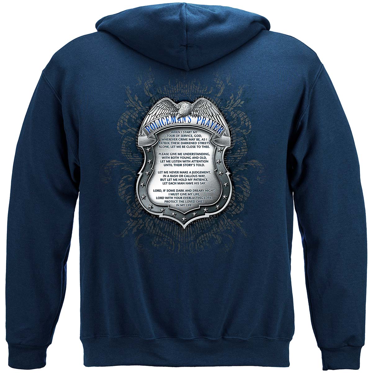Policeman's Chrome Badge with Policeman's Prayer Hoodie - back view