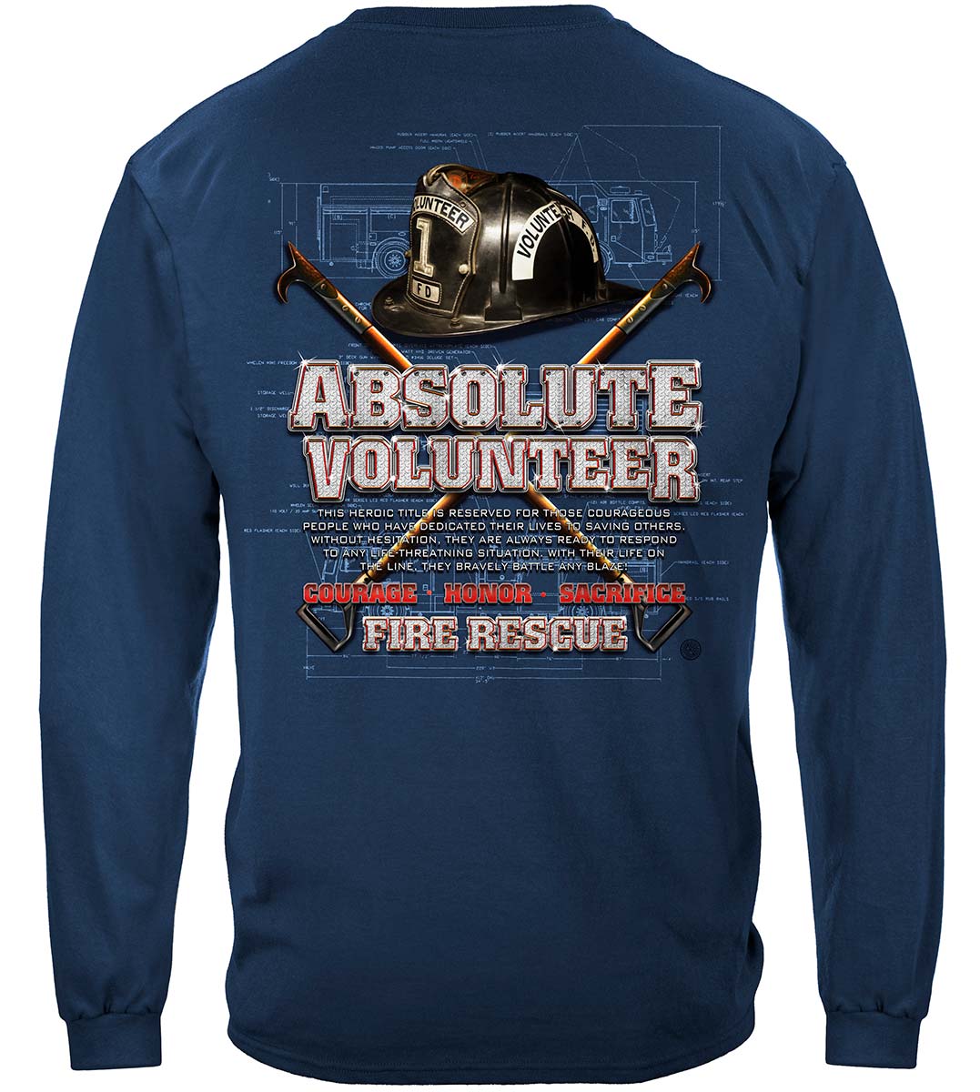 Absolute Volunteer Firefighter Blueprint Long Sleeve Shirt - back view