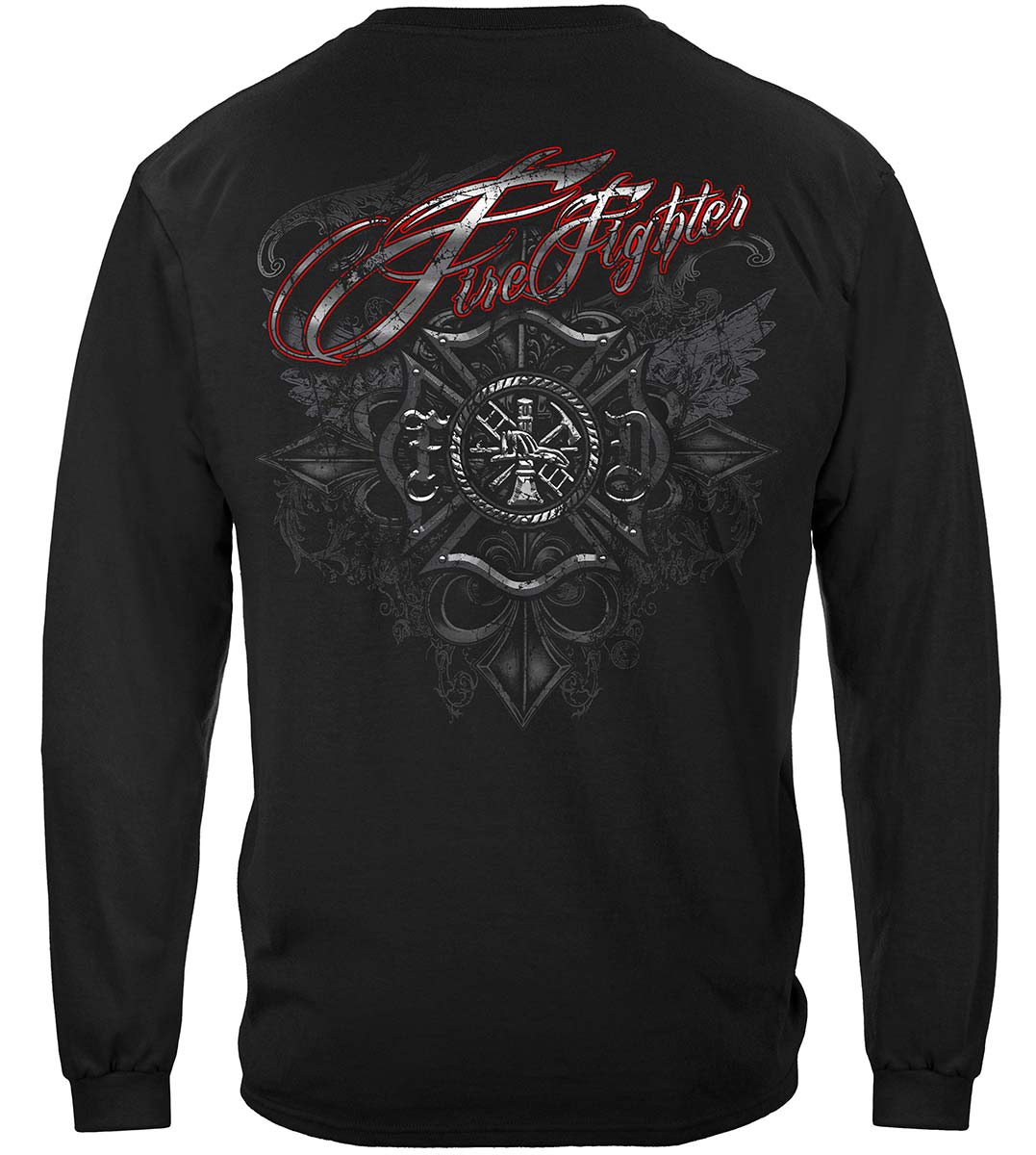 Firefighter Red Script Red Foil Long Sleeve Shirt - back view