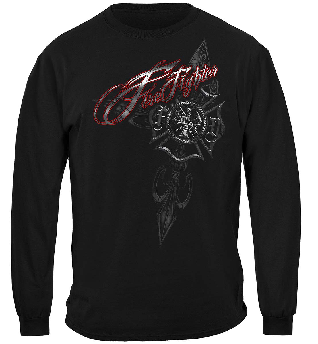 Firefighter Red Script Red Foil Long Sleeve Shirt - front view