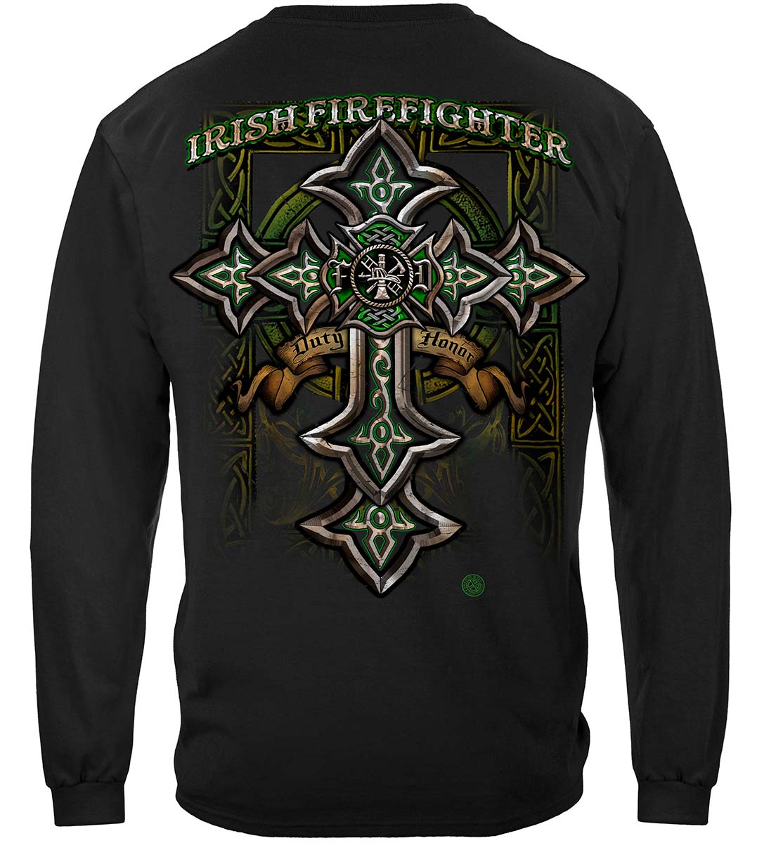 Firefighter Irish Celtic Cross Green Foil Long Sleeve Shirt - back view