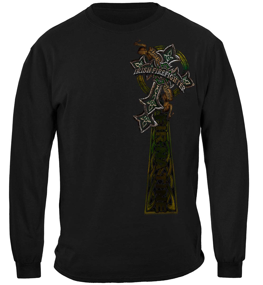 Firefighter Irish Celtic Cross Green Foil Long Sleeve Shirt - front view