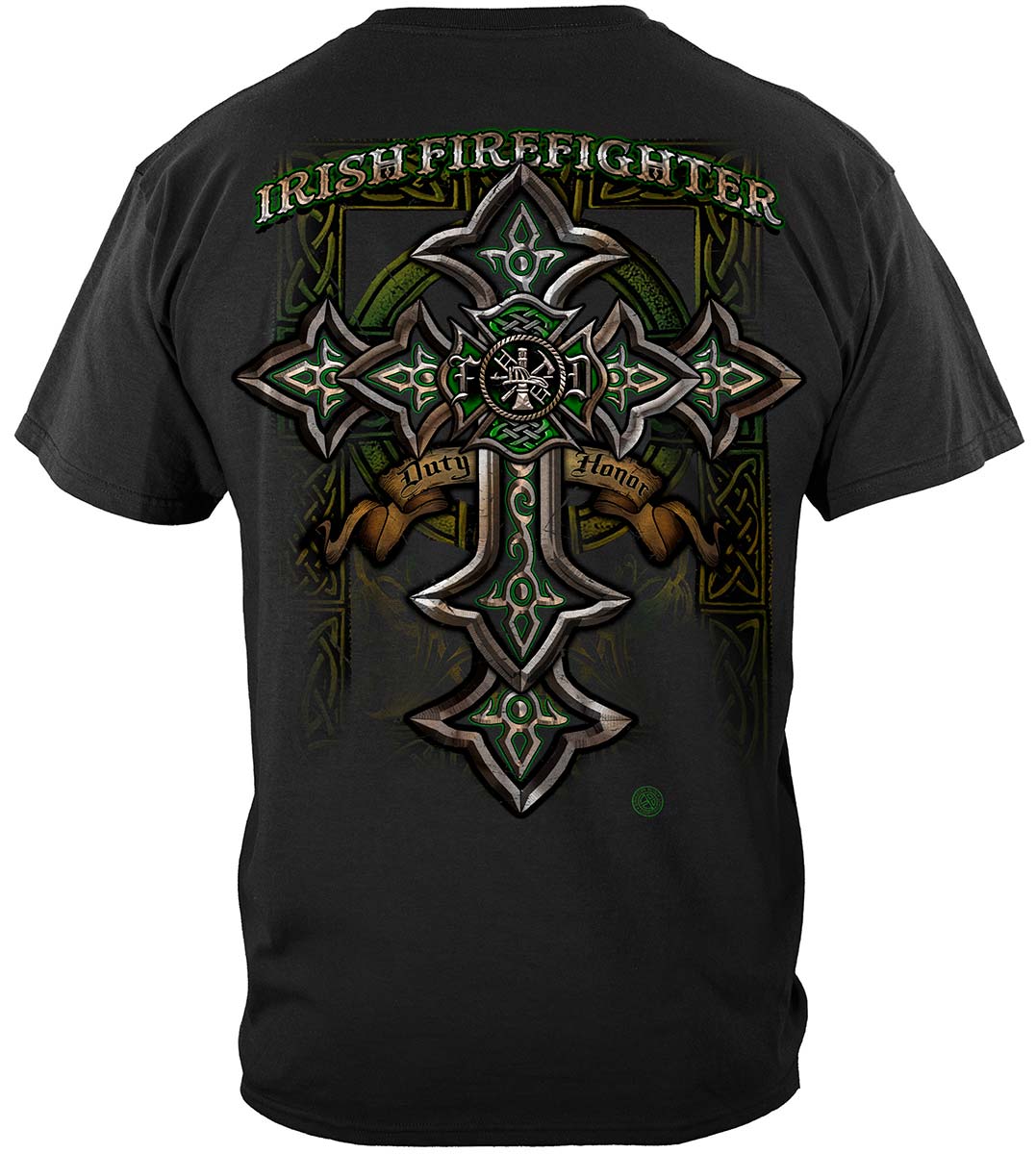 Firefighter Irish Celtic Cross Green Foil T-Shirt - back view