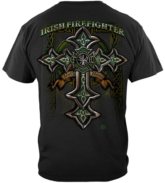 Firefighter Irish Celtic Cross Green Foil T-Shirt - back view