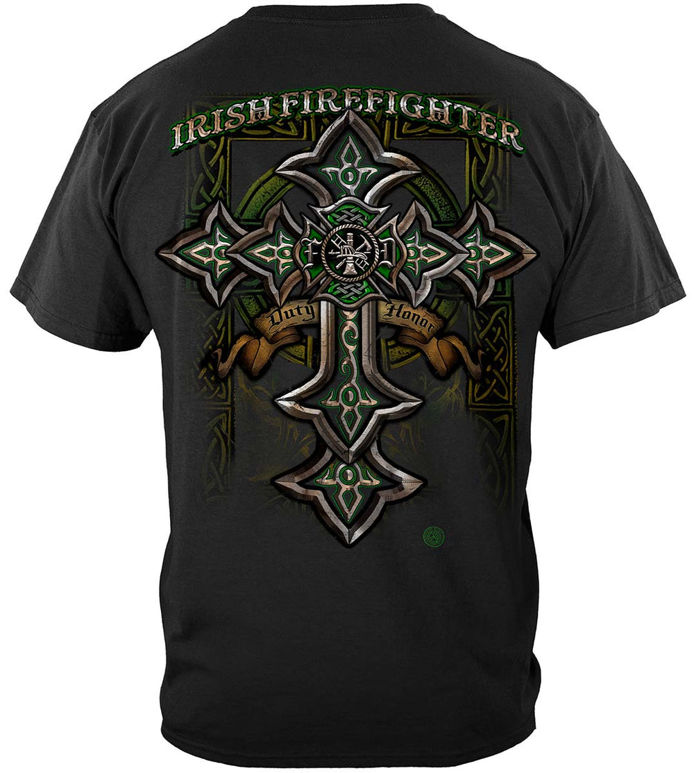 Firefighter Irish Celtic Cross Green Foil T-Shirt - back view
