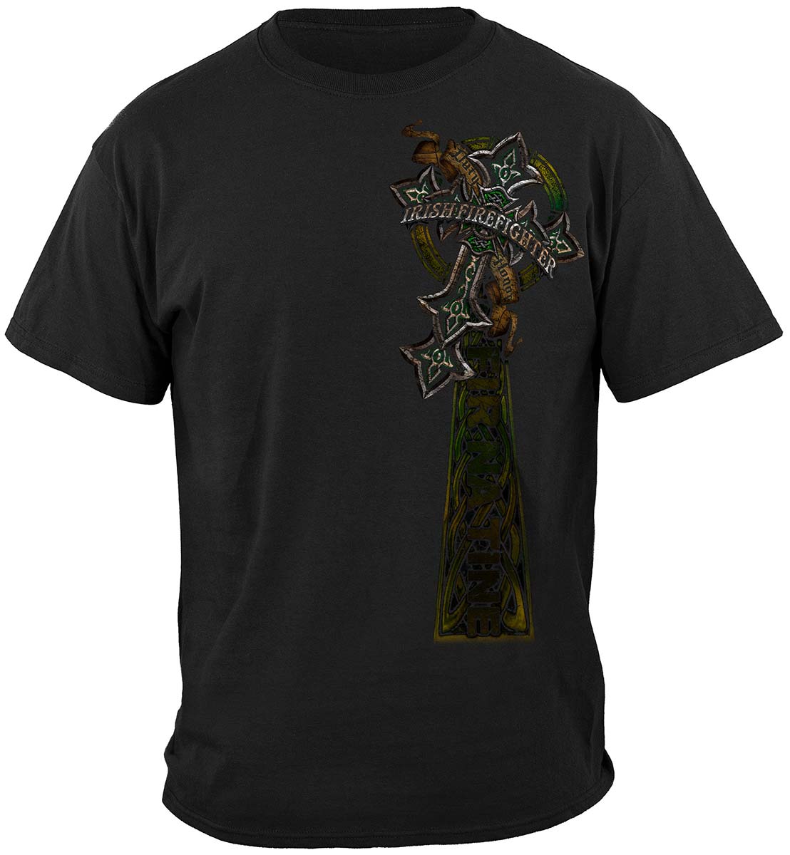 Firefighter Irish Celtic Cross Green Foil T-Shirt - front view