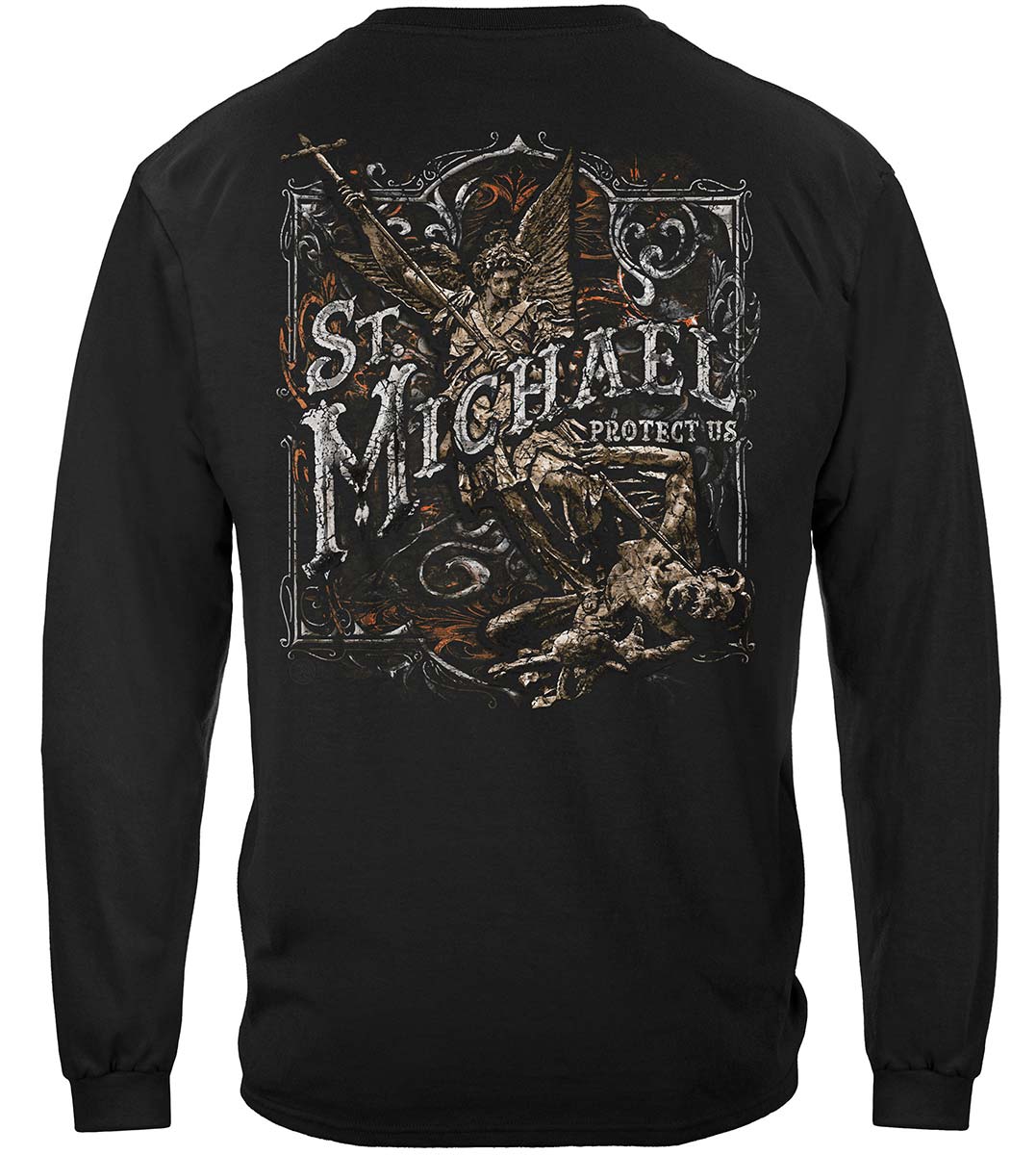 Firefighter St. Michael Protect Us Silver Foil Long Sleeve Shirt - back view
