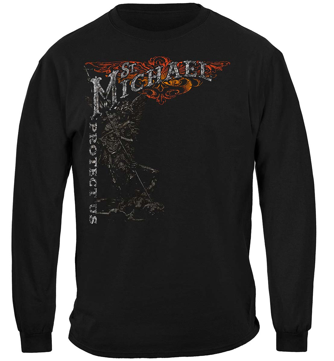 Firefighter St. Michael Protect Us Silver Foil Long Sleeve Shirt - front view