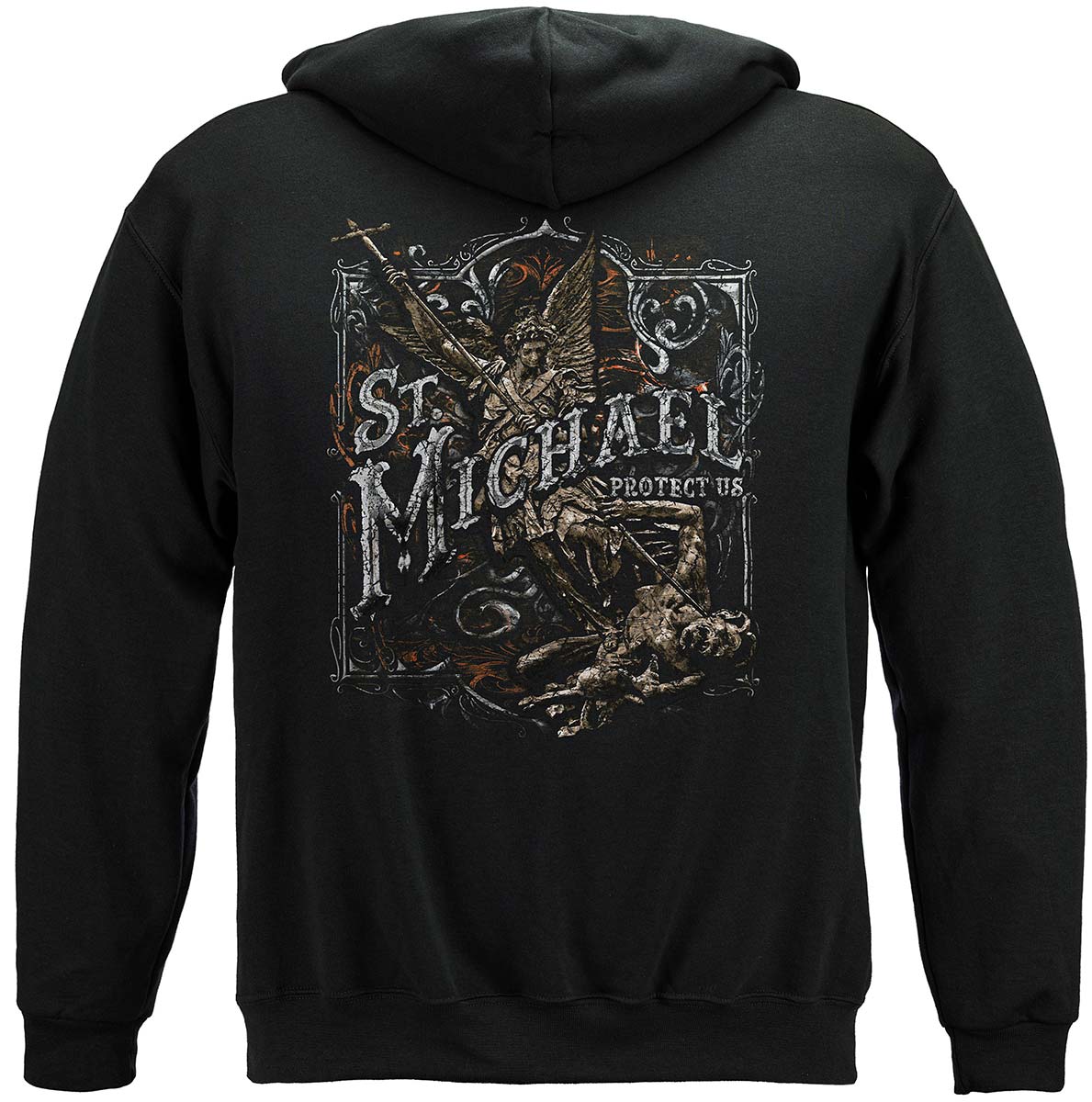 Firefighter St. Michael Protect Us Silver Foil Hoodie - back view