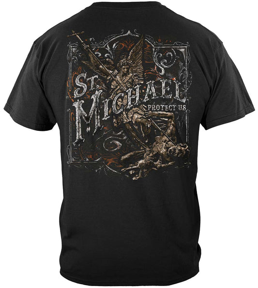 Firefighter St. Michael Protect Us Silver Foil T-Shirt - back view