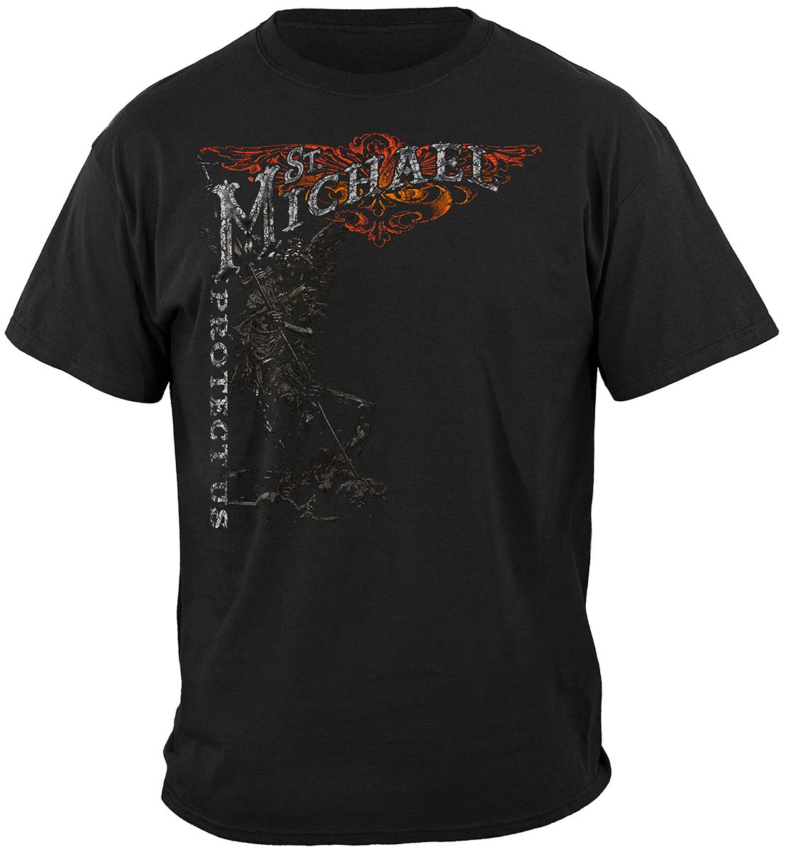 Firefighter St. Michael Protect Us Silver Foil T-Shirt - front view