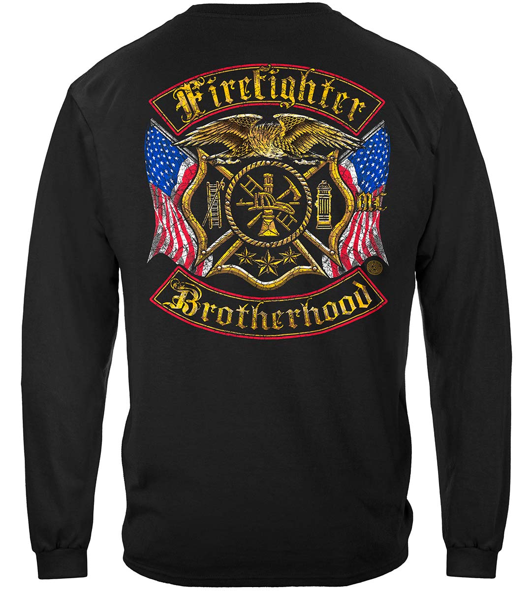 Firefighter Double Flag Brotherhood Distressed Gold Foil Long Sleeve Shirt - back view
