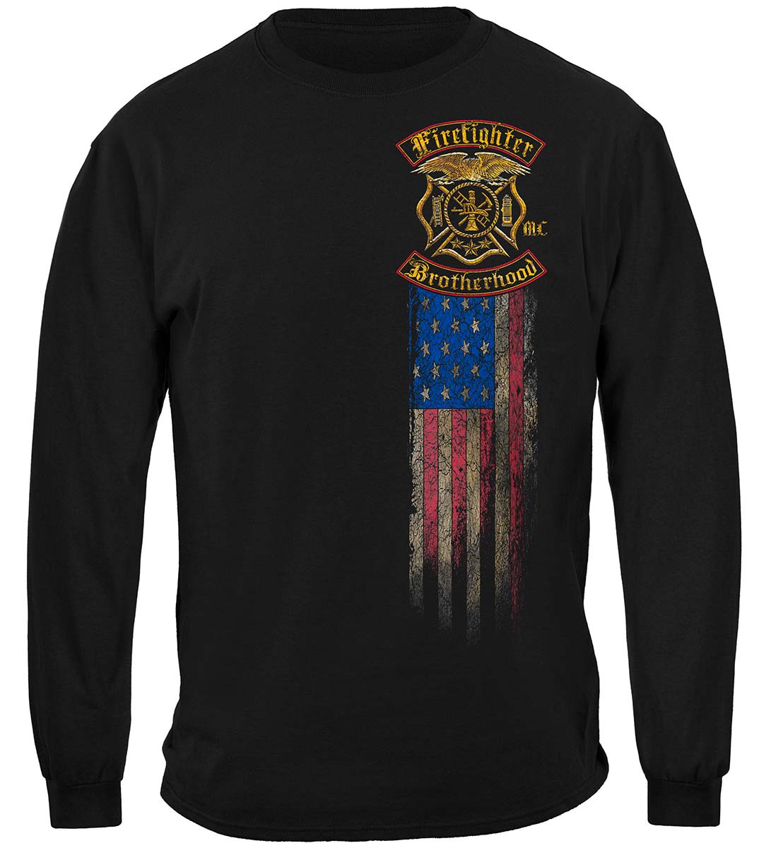 Firefighter Double Flag Brotherhood Distressed Gold Foil Long Sleeve Shirt - front view