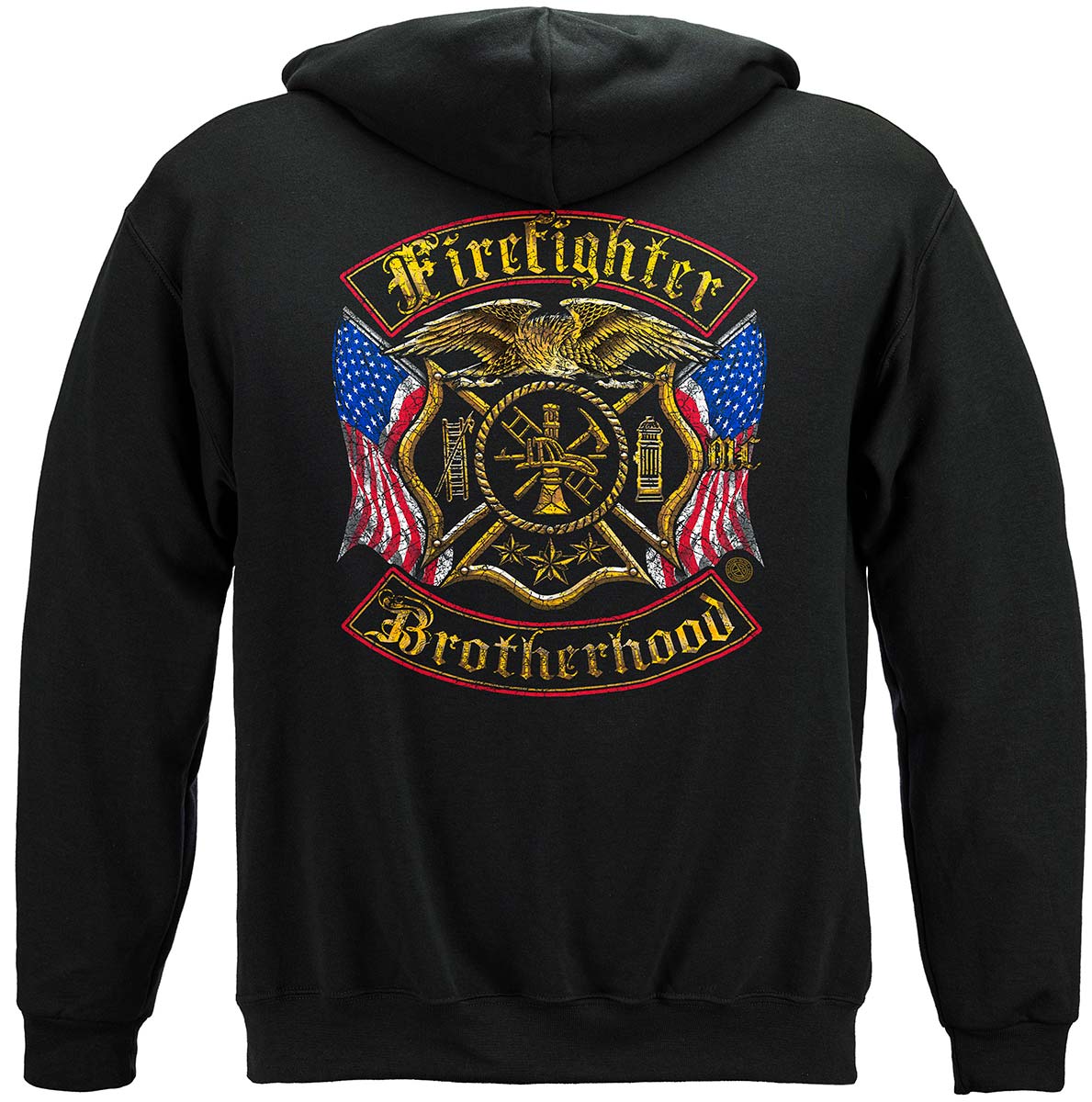 Firefighter Double Flag Brotherhood Distressed Gold Foil Hoodie - back view
