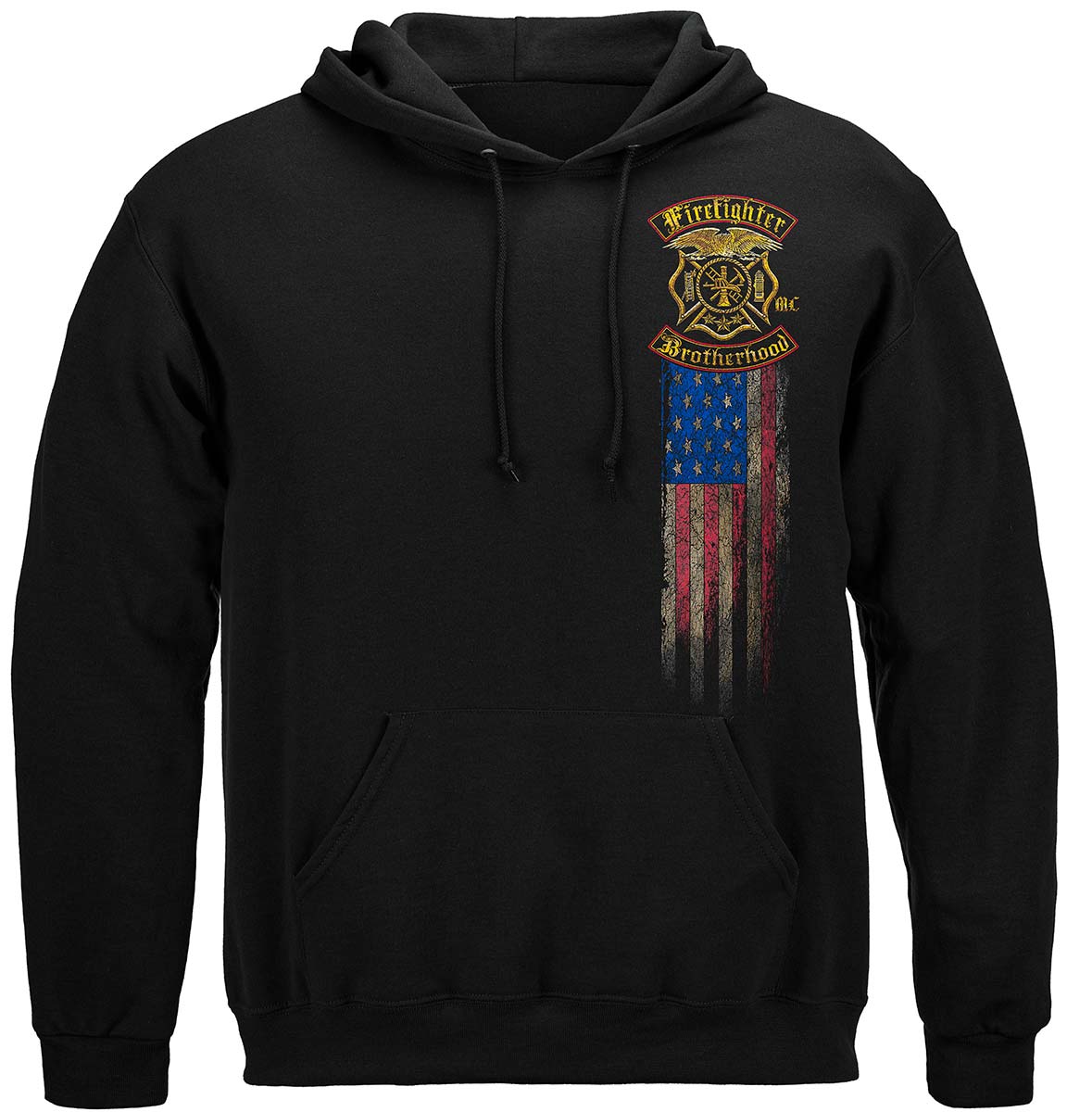 Firefighter Double Flag Brotherhood Distressed Gold Foil Hoodie - front view