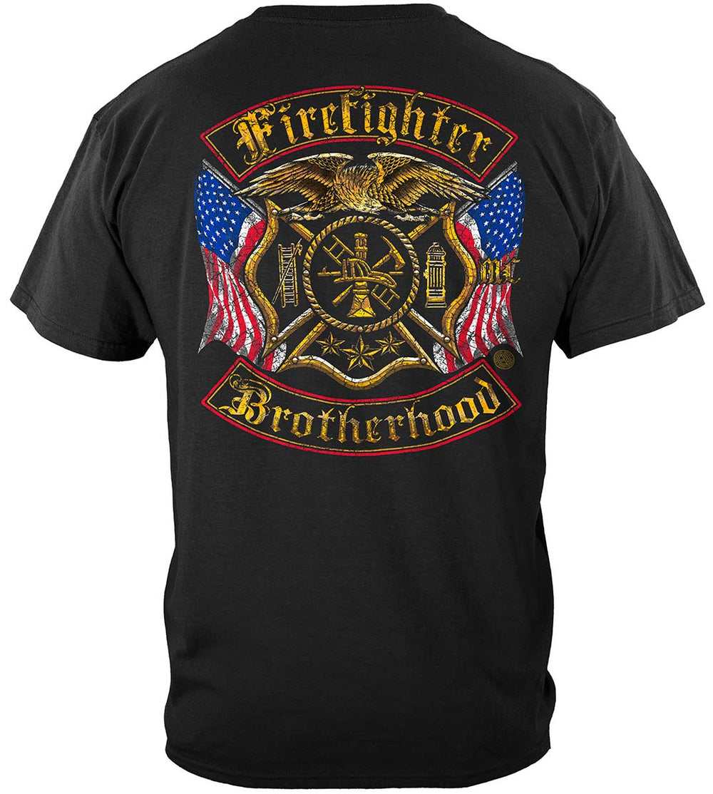 Firefighter Double Flag Brotherhood Distressed Gold Foil T-Shirt - back view