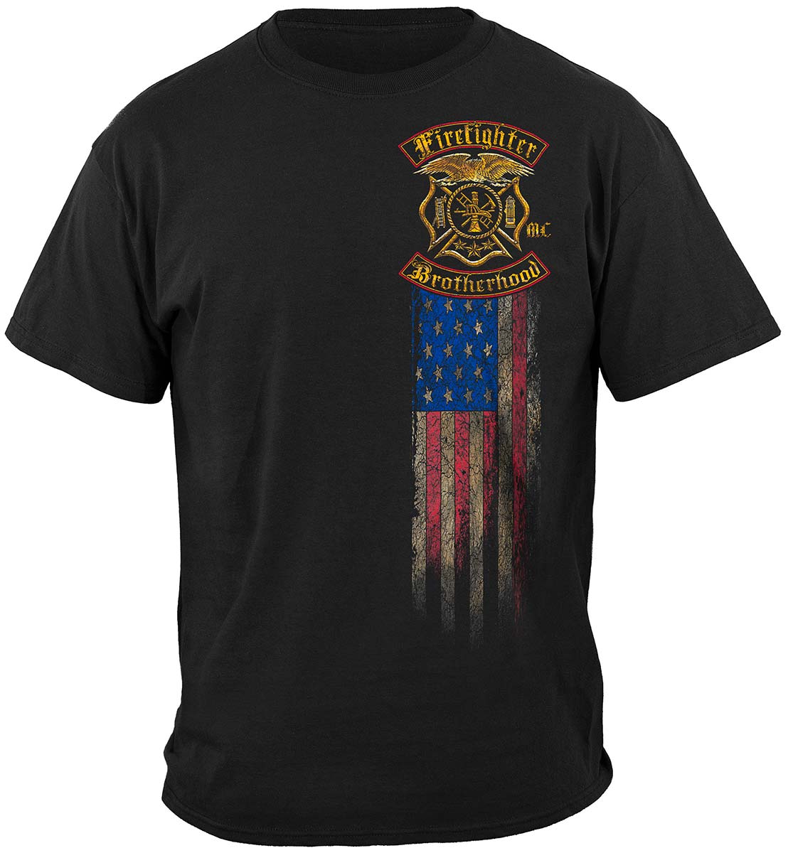 Firefighter Double Flag Brotherhood Distressed Gold Foil T-Shirt - front view