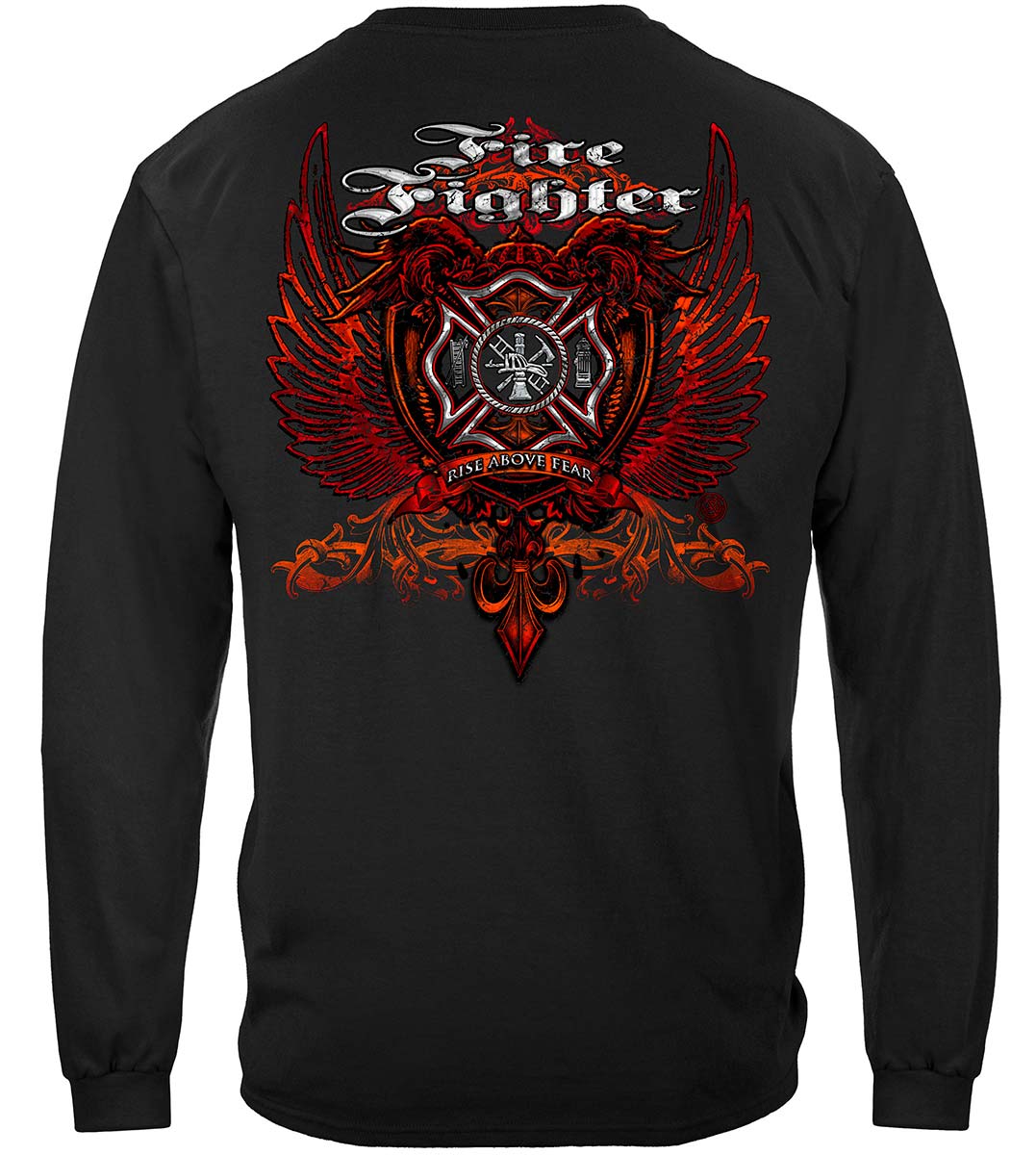 Firefighter Red Wings Rise Above Fear Silver Foil Long Sleeve Shirt - back view
