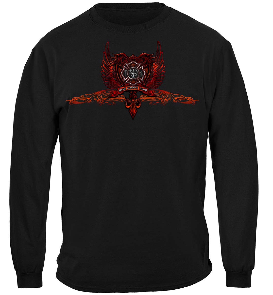 Firefighter Red Wings Rise Above Fear Silver Foil Long Sleeve Shirt - front view