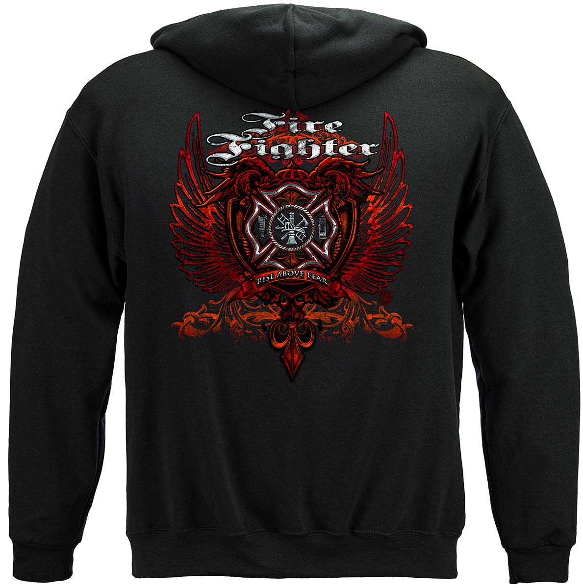 Firefighter Red Wings Rise Above Fear Silver Foil Hoodie - back view