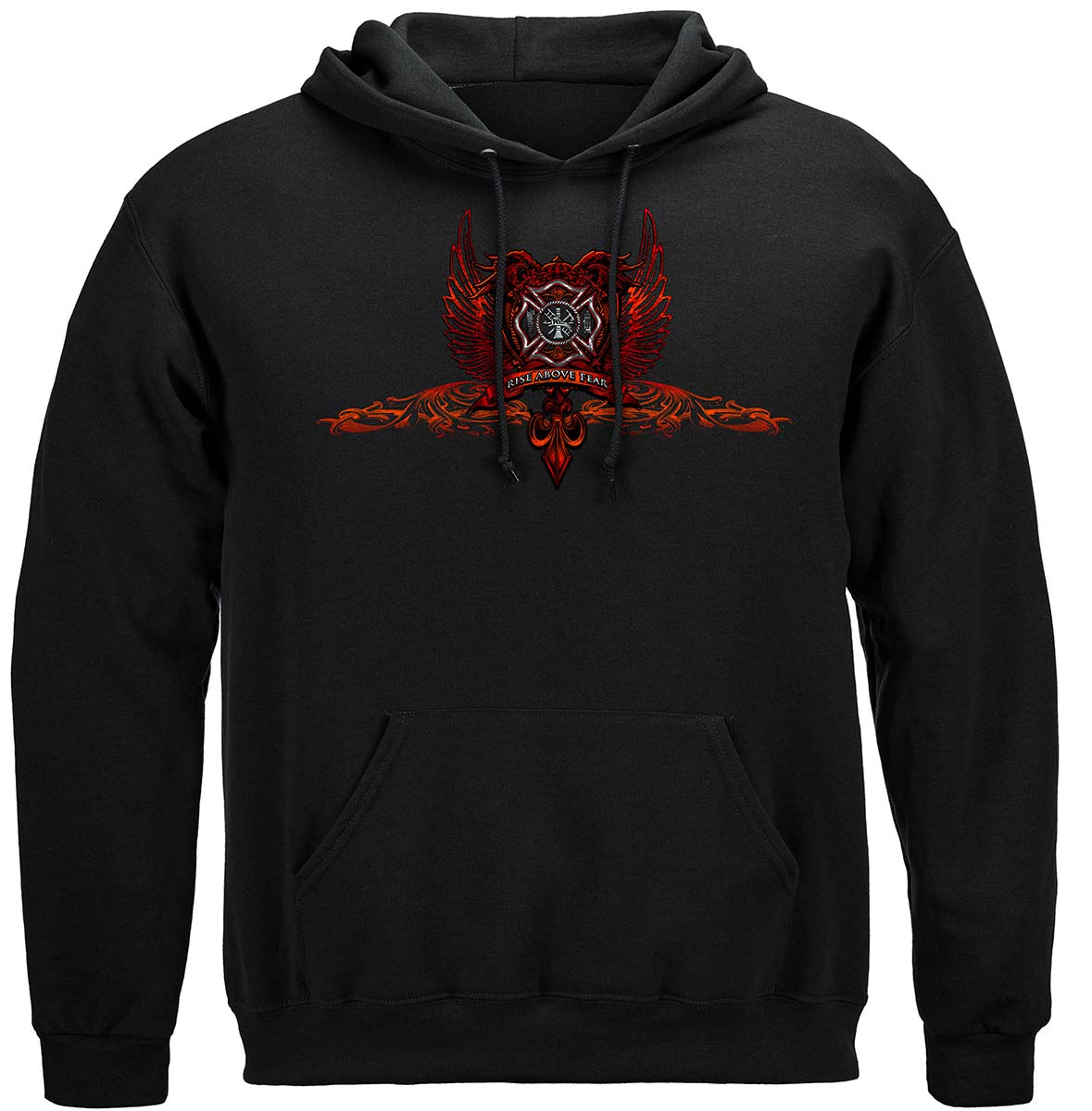 Firefighter Red Wings Rise Above Fear Silver Foil Hoodie - front view