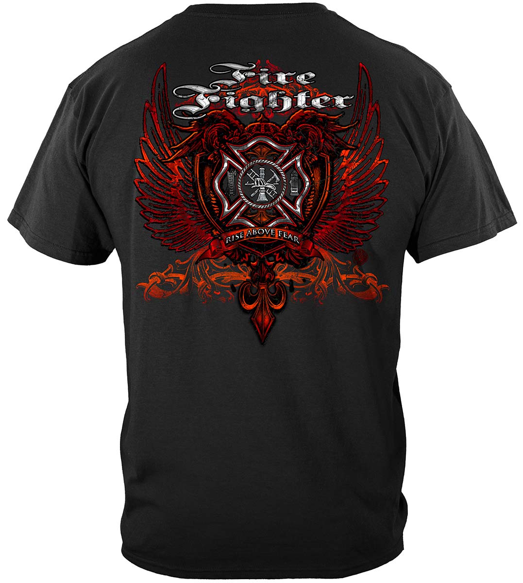 Firefighter Red Wings Rise Above Fear Silver Foil T-Shirt - back view