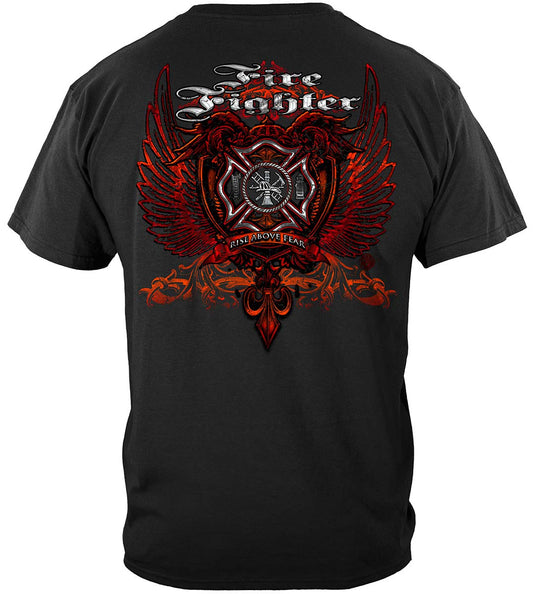 Firefighter Red Wings Rise Above Fear Silver Foil T-Shirt - back view