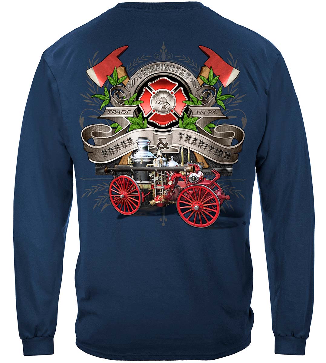 Firefighter Traditional Antique Pump Truck Long Sleeve Shirt - back view