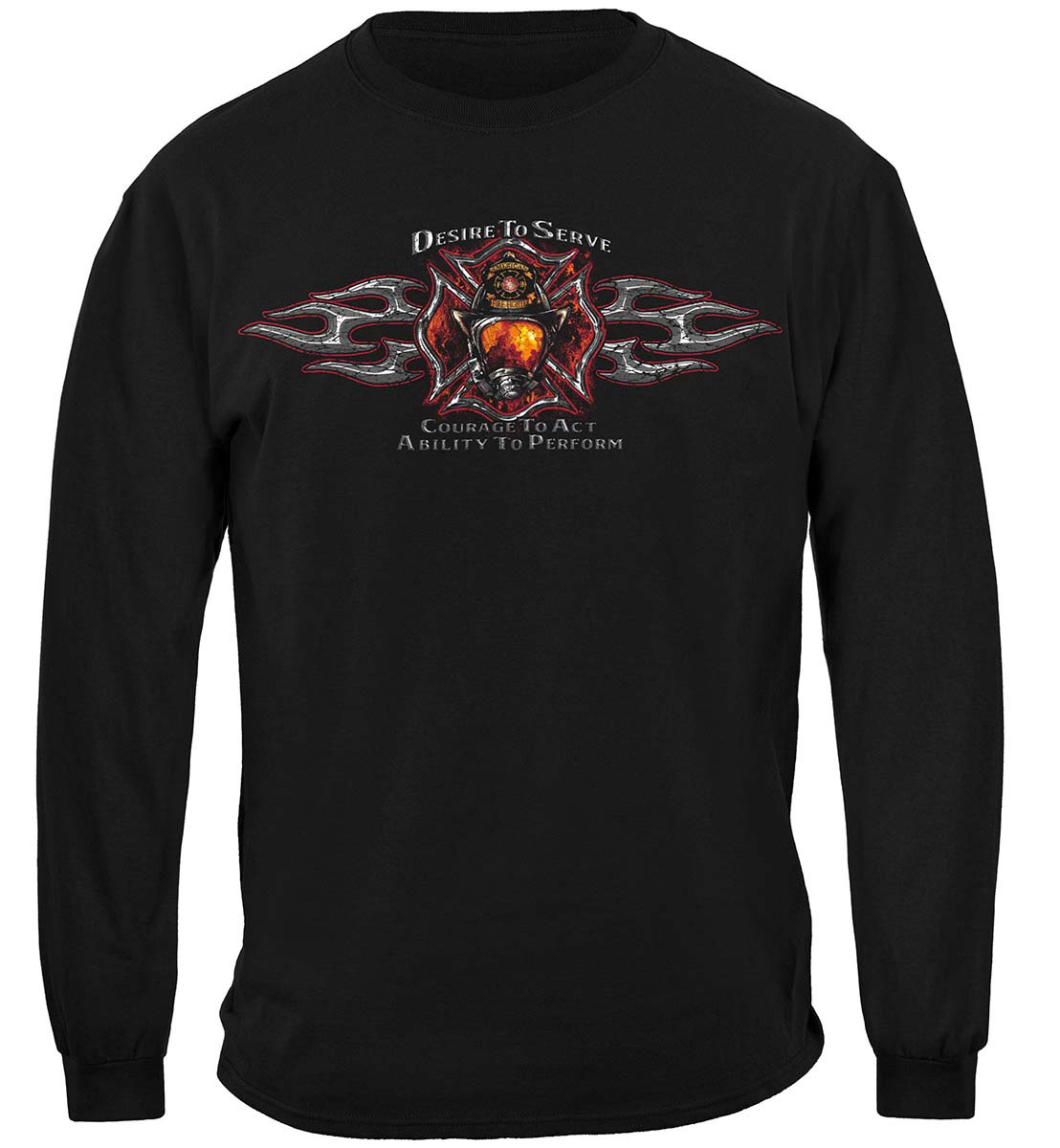Firefighter Desire to Serve Silver Foil Long Sleeve Shirt - front view