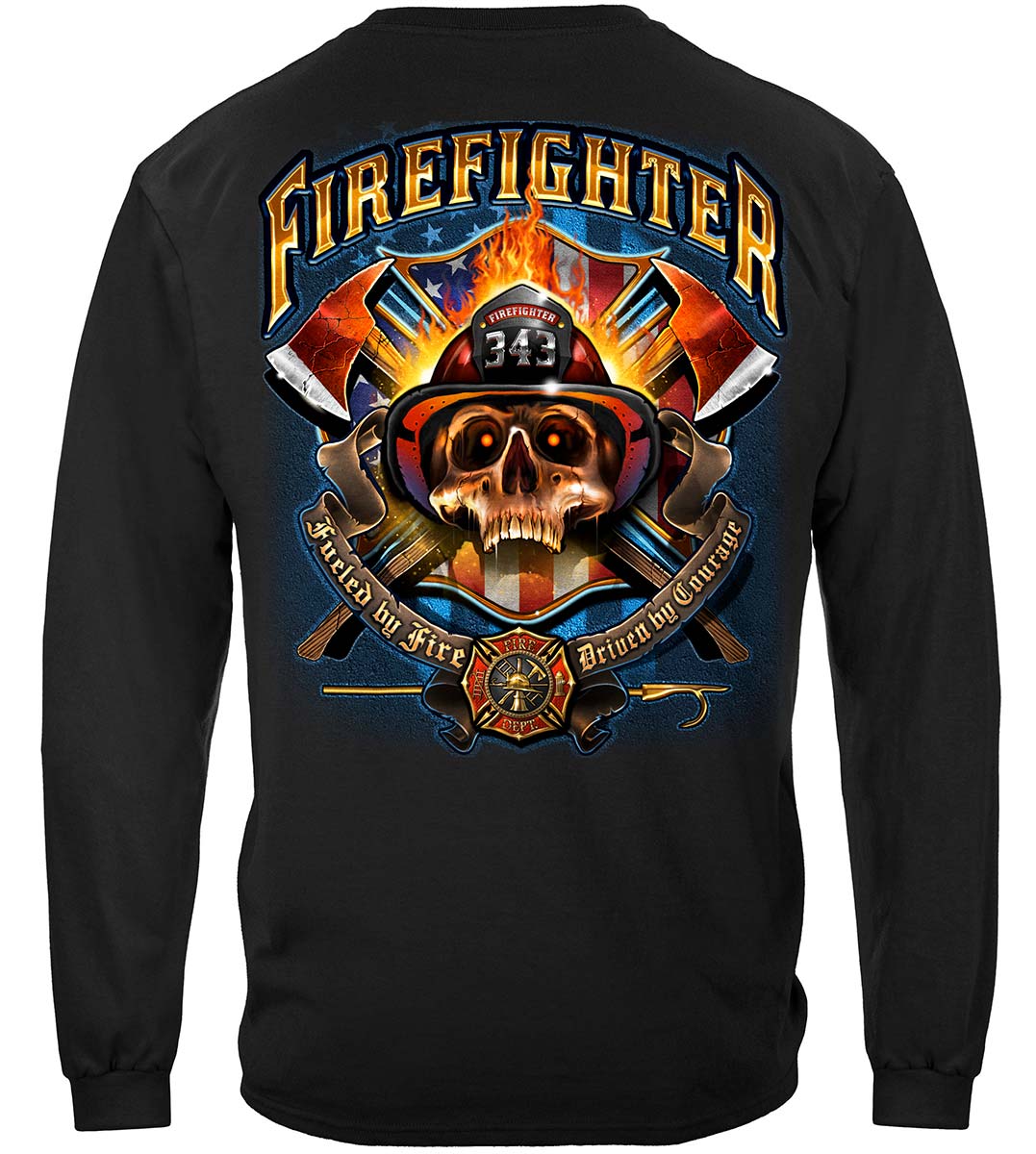 Firefighter Patriotic Skull Long Sleeve Shirt - back view