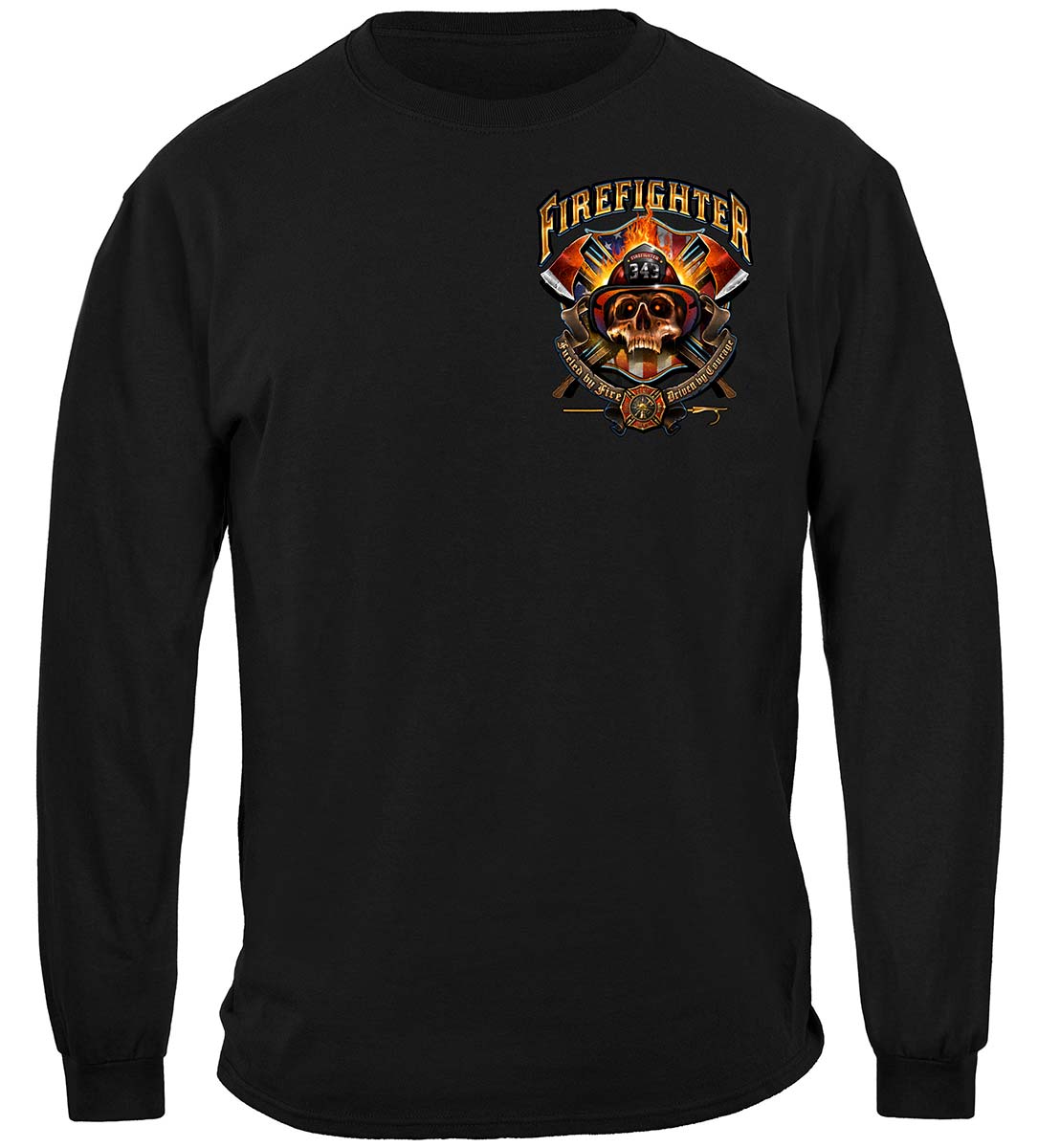 Firefighter Patriotic Skull Long Sleeve Shirt - front view