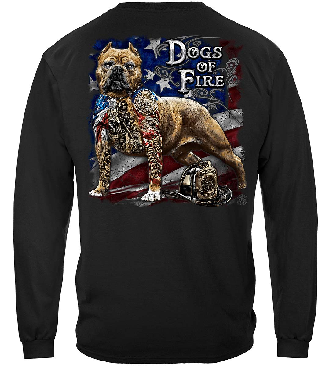 Firefighter Pit Bull Tattoo American Flag Long Sleeve Shirt - back view