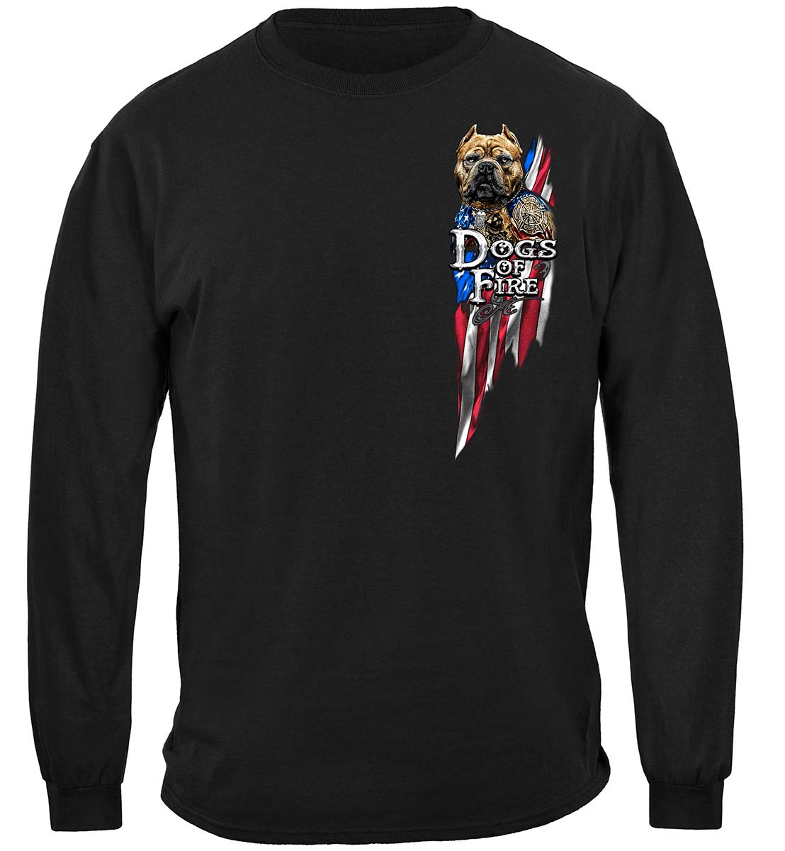 Firefighter Pit Bull Tattoo American Flag Long Sleeve Shirt - front view