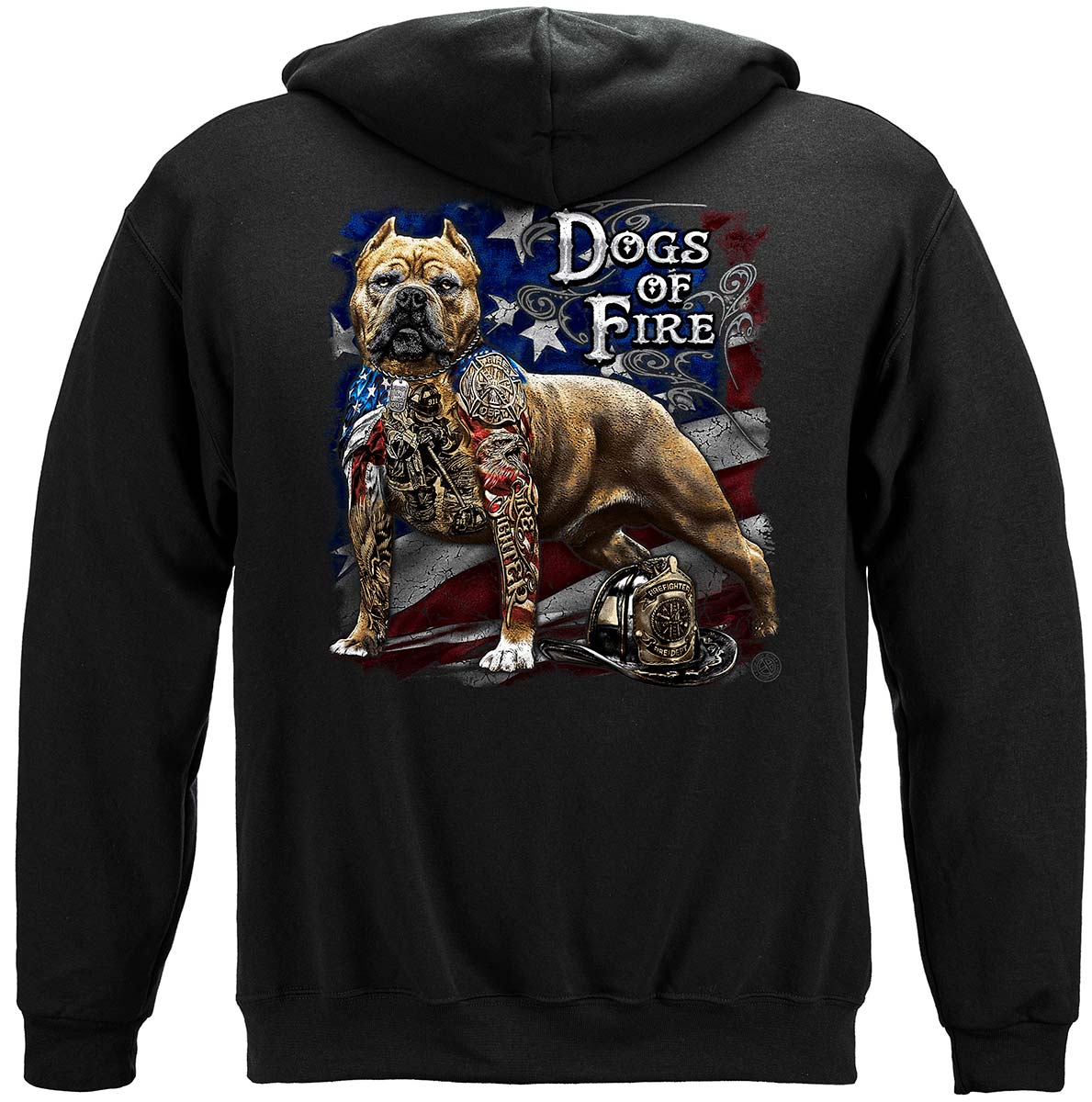 Firefighter Pit Bull Tattoo American Flag Hoodie - back view