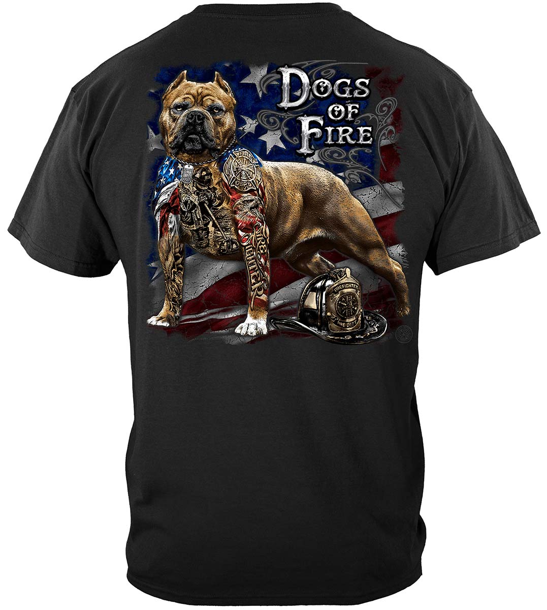Firefighter Pit Bull Tattoo American Flag T-Shirt - back view